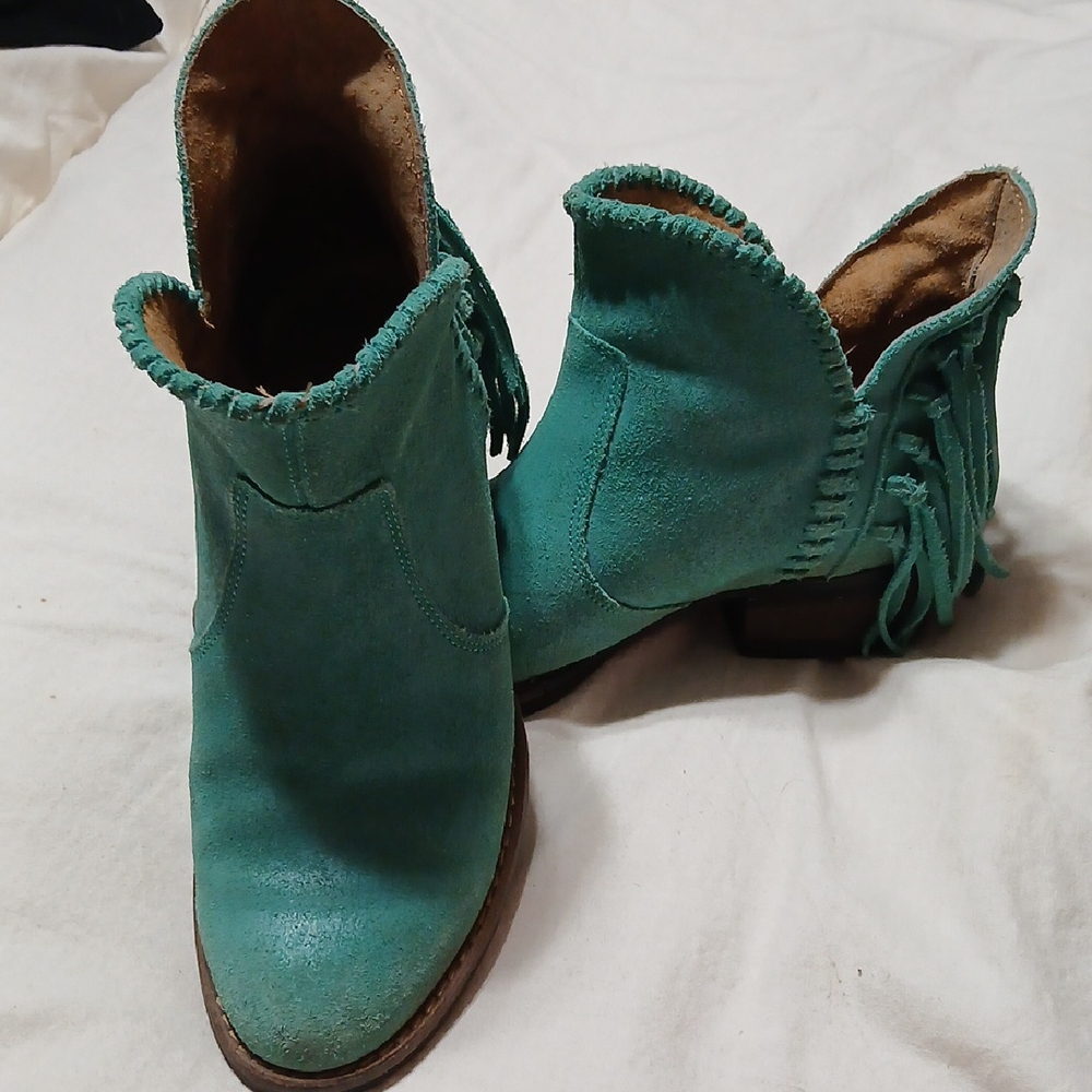 Vibrant Torquoise Suede Ankle Booties with Whipstitch Detail